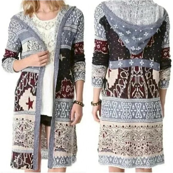 Free People Americana Bandana Hooded Long Duster Cardigan Sweater. - Picture 3 of 14
